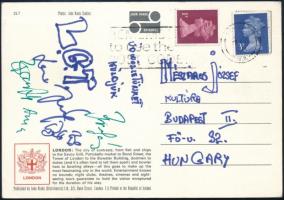 LGT tagjai és Adamis Anna autográf aláírásai Londonból küldütt képeslapon