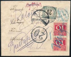 1911 Érdekes levél 2 x 10 Heller osztrák portóval + 20f magyar portóval