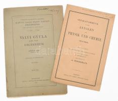 Réthy Mór: Vályi Gyula lev. tag. emlékezete. A szerző, Réthy Mór (1846-1925) matematikus, fizikus által DEDIKÁLT példány. Magyar Tudományos Akadémia elhúnyt tagjai fölött tartott emlékbeszédek. XVII. köt. 5. sz. Bp., 1915, MTA, 24 p. Kiadói papírkötés. Vályi Gyula (1855-1913) matematikus, egyetemi tanár, a kolozsvári egyetem professzora. +  Dr. M[ór] Réthy: Ueber die Polarisation des gebeugten Lichts. A szerző, Réthy Mór által DEDIKÁLT példány. Leipzig,én.,Johann Ambrosius Barth, 504-512 p. Különlenyomat. Német nyelven.