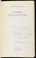 Fábry Zoltán: Stószi délelőttök. (Dedikált!) Pozsony, 1968, Madách Könyvkiadó. Első kiadás. Kiadói egészvászon-kötés, kissé koszos borítóval, kissé sérült kiadói papír védőborítóban. Megjelent 2500 példányban. A szerző, Fábry Zoltán (1897-1970) felvidéki magyar író, kritikus által Kövendi Judit (1928-1987) újságíró részére dedikált példány.