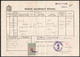 1945 Szolnok Anyakönyvi kivonat 5P városi illetékbélyeggel