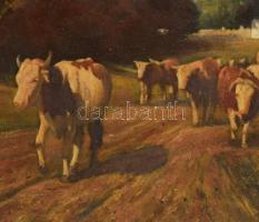 Kádár József (-): Vonuló tehéncsorda. Olaj, fatábla. Jelzett a hátoldalán címkén. Dekoratív fakeretb...