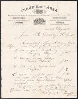 1877 Szeged, Traub B. és Társa könyvnyomda, könyv. és papírkereskedés számlája, díszes fejléces, címeres papíron, hajtásnyommal, jó állapotban