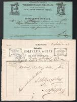 1879-1889 Hódmezővásárhely, 2db okmány: 1889 Egyesült Amerikai Varrógépgyára Főraktára nyugtája, díszes fejléces papíron, hajtásnyommal + 1879 Holtzer S. és Fiai, díszes fejléces papíron, hajtásnyommal, 7 kr és 2x3 kr okmánybélyegekkel, hódmezővásárhelyi árvaszéki bélyegzésekkel