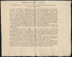 cca 1830-60 Gyula, Joseph Bayer, az Első Osztrák Tűzbiztosító Társaság (Ersten österreichischen Brandversicherungs-Gesellschaft) ügynökének német ny. nyomtatott bemutatkozó levele, papír. Hajtott. 42x28,5 cm