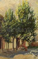 Ács Ágoston (1889-1947): Falusi utca. Olaj, karton, jelzett. Dekoratív, kissé sérült fakeretben. 40×...