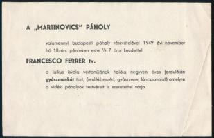 1949 A "Martinovics Páholy" meghívója, szabadkőműves nyomtatvány