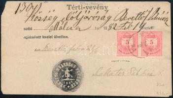 1882 Térti vevény 2 x 5kr bélyeggel, a hátoldalon a letépésnél elszakadt 5kr maradványa "MÁ(LC)ZA"