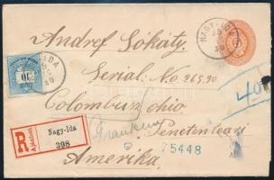 1895 5kr díjjegyes boríték Színes számú 10kr és fekete számú 5kr díjkiegészítéssel ajánlott levélként NAGY-IDA - COLUMBUS / USA börtönbe küldve