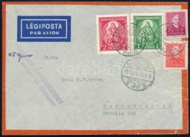 1937.01.15. Légiposta levél Buenos Airesbe 3,90P bérmentesítéssel (Nagy Madonna és Arcképek) 5gr súlyjelzéssel, párizsi átmenő bélyegzéssel, "1986" érkezési számbélyegzéssel, luxus minőségben! / Airmail cover to Buenos Aires with 3,90P franking "BUDAPEST" + "PARIS" - "1986"