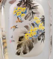 Kínai tubákos üveg, madaras jelenettel díszítve, díszdobozban, m: 8 cm