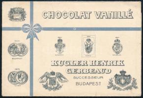 cca 1900 Kugler Henrik Gerbeaud - Chocolat Vanillé tasak, hátoldalán korabeli Bp., Gizella téri központ épületével illusztrált, egyik hátsó sarkában sérült, 9x13 cm