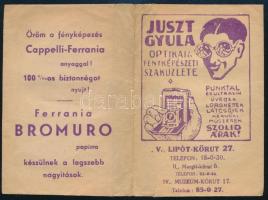 cca 1920-1930 Juszt Gyula optikai és fényképészeti szaküzlete fotó/negatívtartó tasak, 10,5x7 cm