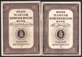 1945-1946 Pesti Magyar Kereskedelmi Bank 2 db takarék betétkönyve, "Petz Iparművek" illetve "Gr. Károlyi" névre