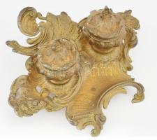 Íróasztali tolltartó. Aranyozott spiáter, egy üvegbettétel, egyik fedél zsanérja letört 28x22 cm