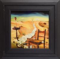 Frank Lebrecht (-): Búcsú a gyermekkortól (szürrealista kép), 1992. Olaj, fa. Jelezve jobbra lent. 22,5x22,5 cm. Fakeretben.