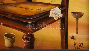 Frank Lebrecht (-): Búcsú a gyermekkortól (szürrealista kép), 1992. Olaj, fa. Jelezve jobbra lent. 2...