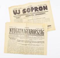 1928 Nyugatmagyarország 1928. árpilis 23., II. évf. 17. sz. Szerk.: Nowinszky Rezső. Szombathely, Pannonia-ny., 4 p. +  1945 Uj Sopron I. évf. 26. szám., 1945. máj. 25. A címlapon Churchill lemondásának hírével, valamint &quot;Internáltak kálváriája német munkatáborokban&quot; c. írással. Sopron, Röttig-Romwalter-ny., 4 p.