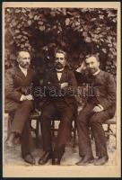 cca 1890-1900 Kosutány család tagjai, 3 testvér csoportképe: Kosutány Tamás (1848-1915) agrokémikus, mezőgazdasági szakíró; Kosutány Géza (1841-1908) királyi ítélőtáblai bíró és Kosutány Ignác (1851-1940) jogász, egyetemi tanár, később a kolozsvári egyetem rektora, jelzés nélküli keményhátú fotó, 16×11 cm
