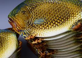 Gránit halas készlet Nagy tál (52cm), 12 db levlapos tányér + 7 db kisebb tányér, sótartó, Jelzett, ...