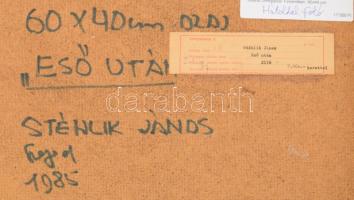 Stéhlik János (1942-2021): Eső után, 1985. Olaj, farost, jelzett. Hátoldalán autográf felirattal és ...