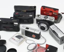 7 db analóg fényképező + egy váz + vaku, színszűrök, tisztítókészlet, stb