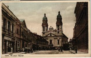 1938 Pápa, Fő utca, templom, Pax könyvkereskedés üzlete, Hitelbank rt.