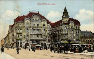 1913 Nagyvárad, Oradea; Sas palota, Fekete Sas Nagy szálloda, piac, Magyar bank, Cziller Imre üzlete. Boros Jenő kiadása / hotel, market, shops