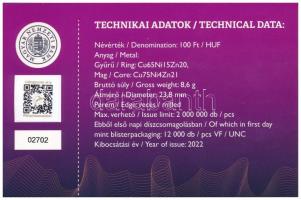 2022. 100Ft "Magyar Pénzmúzeum és Látogatóközpont" első napi veret sorszámozott emléklapon...