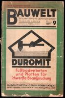 1931 Bauwelt, Zeitschrift für das gesamte Bauwesen, XXII. Jahrgang, Heft 9. Német nyelvű építészeti folyóirat egy száma, fekete-fehér illusztrációkkal, hirdetésekkel. Kiadói papírkötés, sérült borítóval.