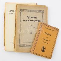 4 db építészeti témájú könyv: Erdősy Antal: Épitkezési kettős könyvvitel. Bp., 1910, Pápai Ernő-ny., 176+(10) p. Kiadói papírkötés, szétváló fűzéssel, a lapok egy része kijár. + Sándy Gyula: Újabb és különleges épületszerkezetek. Bp., 1920, Németh József, 96 p. Kiadói papírkötés, sérült, szétvált borítóval. + Bierbauer Virgil: A kislejtésű tetőszerkezetek I. Bp., 1932, Tér és Forma, 88+(2) p.+ XL t. Kiadói papírkötés, kissé sérült borítóval. + Otto Rappold: Flußbau. Sammlung Göschen. Berlin-Leipzig, 1912, G. J. Göschen&#039;sche Verlagshandlung G.m.b.H., 116 p.+ 32 p. Fekete-fehér fotókkal, ábrákkal illusztrálva. Német nyelven. Kiadói egészvászon-kötés.