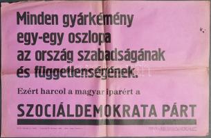 [Plakát] ,,Minden gyárkémény egy-egy oszlopa az ország szabadságának és függetlenségének&quot; A Szociáldemokrata Párt választási hirdetése az 1939. évi országgyűlési választások idején. (1939) Budapest, 1939. Világosság Rt. ny. Választási hirdetés, mérete: 305x470 mm. A hazai gyári munkavállalói réteget képviselő Magyarországi Szociáldemokrata Párt sorsa viharosan alakult a Tanácsköztársaság ideje alatt és után. A kommunistákkal való egyesülés ellen az MSZDP számos vezetője tiltakozott, sokuk el is hagyta az országot. Vezetőik másik részét pedig a Tanácsköztársaság bukása utáni átmeneti kormány ítélte száműzetésre. Az 1919-1920-as időszak ügyvezető kormányai ugyan jog szerint nem tiltották be az MSZDP-t, ám tagjaik és vezetőik módszeres ellehetetlenítése folytatódott. Tiltakozásképpen az MSZDP a Horthy-korszak első parlamenti választását bojkottálta. Az 1920 végén kormányra kerülő Bethlen István miniszterelnök a belpolitikai helyzet konszolidálására törekedett, így a rendszer erős ellenzékének számító szociáldemokraták vezetőjével 1921 decemberében egyezséget kötött (Bethlen-Peyer-paktum). Ennek jegyében a következő országgyűlési és törvényhatósági városi választásokon a MSZDP már indulhatott, választási és társadalmi programját bizonyos korlátozásokkal, de terjeszthette. Az MSZDP a következő választásokon (1922, 1926, 1931, 1935) - a választójogi korlátozásokat figyelembe véve - tűrhetően szerepelt, és 25, 14, 14 és 11 képviselőt küldhetett az országgyűlésbe, a budapesti törvényhatósági választásokon pedig jól szerepelt, és ez csökkentő tendenciával, de a német megszállásig (1944) így is maradt. 1935 után azonban több figyelemreméltó változás állt be a politikában. Az Anschluss után a Harmadik Birodalom Magyarország közvetlen közelébe került, a szomszédsággal pedig a korábban is már marginálisan létező, ám külföldről is pénzelt magyar nemzetiszocialista ideológia megerősödött. A régóta hatalomban levő kormánypárt minden erőt megragadott az új erőnek minősülő nyilas pártok korlátozására, lapjait betiltotta, gyülekezéseit korlátozta, vezetőit bebörtönözte, ám saját kormányhatalma megtartása érdekében 1938-ban a választójogi szabályokat ismételten megváltoztatta. A kormány továbbra sem volt érdekelt az általános választójog érvényesítésében, ám a vidéki körzetekben korábban általánosan használt nyílt voksolás rendszerét eltörölte, a szavazás tehát az 1939. évi választásokon alapult először általánosan - azaz városi és vidéki körzetekben egyaránt - titkos voksoláson. A törvény továbbá előírta, hogy nagyobb városokban csak listákra lehet szavazni, míg a vidéki körzetekben - a kormánypárt hagyományos bázisán - listákra és egyéni képviselőkre egyaránt, ez az új rendszer - mely a nyílt szavazás eltörléséért cserébe kétszeres szavazatot adott a kormánypárt vidéki bázisának - értelemszerűen a kormánypárt győzelmére szolgált, azon szándék mellett, hogy a nagyvárosi tömegek nyilas szavazatait a marginalitásban tartsa. Az elsősorban a nyilas ellenzéket erodálni kívánó terv felemás módon sikerült, a szociáldemokrata és a liberális ellenzék igen szerény eredményt ért el, a nyilasok eredményeit érdemben kevésbé befolyásolta. Plakátunk az 1939. május 25-26-ra kitűzött országgyűlési választások szlogenvilágába és szociáldemokrata érvrendszerébe avat be. A szervezett munkásság választói közösségét célba vevő szlogen ,,Minden gyárkémény egy-egy oszlopa az ország szabadságának és függetlenségének&quot; különös erővel is hathatott volna egy olyan környezetben, ahol a nyugati szomszéddá váló Német Birodalom egymás után szünteti meg szuverén államok függetlenségét. A jól megtalált szlogen mégsem vált be: a 3,686 603 beérkezett szavazat 50%-a a kormánypárté lett, 14%-a nyilaskeresztes párté, a kisgazdapárt 15%-ot, a szociáldemokrata párt 3,42%-ot teljesített. A kormánypárt 181 mandátuma mellett 29 nyilas, 14 kisgazda, 5 szociáldemokrata és 5 liberális képviselő került az országgyűlésbe. Plakátunk jobb alsó sarkában engedélyeztetési szám: ,,202/1939. sz. Ennek a hirdetménynek a terjesztését a mai naptól számított három hónapra megengedem. A polgármester megbízásából Szepesváry tanácsnok. Budapest, 1939. május 2.&quot; Plakátunk jobb oldalán apró, a szövegtükröt nem érintő hiány, felül apró gyűrődés. Jó állapotú plakát, hajtogatva.