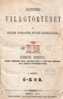 Schröck Ferenc:  Egyetemes világtörténet a felsőbb gymnasiumi ifjúság használatára. I-III. kötet: Ó-kor. Középkor. Új-kor. [Teljes mű, egybekötve.] Pesten, 1851-1858. Kilian György magyar egyetemi könyvárus tulajdona (Beimel József ny., Esztergomban; Lukács László ny., Wigand Károly Fridrik ny., Pozsony). 238 + [6] p.; 219 + [1] p. V + [1] + 260 p. Első, illetve második kiadás. Schröck Ferenc (1813-1879) piarista tanár, történész, tartományi főnök. Tatán, Budán, Vácott tanított, 1849-ben hazafias érzelmei miatt néhány évre eltanácsolták a tanítástól. 1851-től Pesten tanított, igen népszerű történelmi előadásait a gimnáziumi diákok mellett pesti polgárok is látogatták. Schröck Ferenc egyetemes történeti áttekintése a politikai eseménytörténetre fókuszál, de nem mellőzi a történelem népéleti, társadalomtörténeti aspektusait sem. A mű az ókort a keleti államok kezdeteitől a Római Birodalom bukásáig, a középkort Amerika felfedezéséig, az újkort a napóleoni háborúk végéig tárgyalja. A szerző a magyarság történetét nem különíti el az egyetemes történelem folyamataitól, és korántsem nyugat-európai fókuszú, indokolt esetben bőséggel tárgyalja Kelet-Európa és Skandinávia eseményeit is. A népszerű munka számos új kiadást megélt, első két része az első, a harmadik rész a második lenyomatból származik. Példányunk első és második címoldalán régi tulajdonosi bélyegzések, néhány oldalon halvány foltosság, az utolsó levélen kisebb gyűrődés és hiány, a gerincnél erősítés. Fűzve, sérült, hiányos kiadói borítóban, fedőborítók nélkül, hiányos gerinccel.