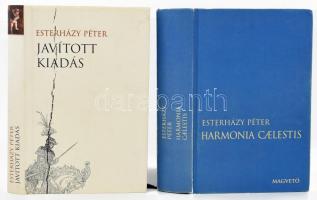 Esterházy Péter: Harmonia caelestis. Bp.,2000,Magvető. Ötödik változatlan utánnyomás. Kiadói kissé kopott kartonált papírkötés. + Esterházy Péter: Javított kiadás. Melléklet a Harmonia caelestishez. Bp., 2002, Magvető. Második változatlan utánnyomás. Kiadói kartonált papírkötés, kiadói papír védőborítón néhány apró folttal.