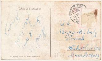 1943 Szalárd, Salard; Református templom, Fő tér, Országzászló / Calvinist church, main square, Hung...