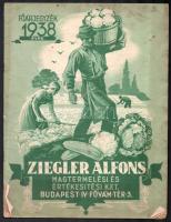 1938 Ziegler Alfons Magtermelési és Értékesítési Kft. főárjegyzék az 1938. évre. Bp., Hornyánszky-ny., 40 p. Fekete-fehér képekkel illusztrálva. A borító Pál György munkája. Kiadói tűzött papírkötés, kissé foltos, sérült borítóval, helyenként kissé sérült, foltos lapokkal.