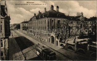 München, Munich; Ismaningerstraße m. Krankenhaus r. d. J. / street view, hospital, tram (fl)