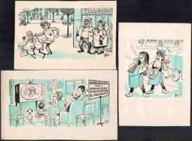 Szegő Gizi (1902-1985): össz. 7 db karikatúra. Vegyes technika, papír, mindegyik jelzett és egy kivé...