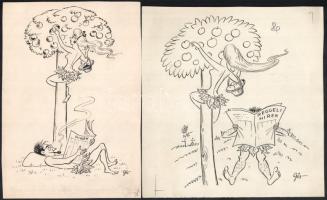 Szegő Gizi (1902-1985): 4 db karikatúra. Tus, akvarell, papír, jelzett és egy kivételével hátoldalán...