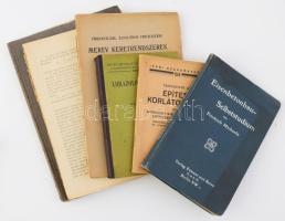 Építészeti, technikai témájú könyv és kiadvány tétel: Benda Jenő: Ábrázoló geometria. Építő Munkavezetők Könyvtára XXIII-XXV. Bp., 1910, Ifj. Nagel Ottó. Kiadói félvászon-kötés, jó állapotban. + Enyedi Béla: Többnyilásu, általános vonalozásu merev keretrendszerek grafikus szilárdsági vizsgálata. Bp., 1919, Németh József. Kiadói papírkötés, sérült, szétváló fűzéssel, a könyvtest két részre vált, felvágatlan lapokkal. + Palotai Ármin: A vizvezeték-szerelő. Műszaki Könyvtár IV. Bp., 1920, Népszava. Kiadói papírkötés, hiányzó borítóval. + Tájékoztató az építési korlátozások és az anyaghiány miatt félbenszakadt építkezések befejezése tárgyában kiadott 7240/1941. M. E. és 7230/1941. M. E. rendeletekről. Ipari Szakkönyvtár 64. (Bp., 1942), Ipari Tanfolyamok Országos Vezetősége. Kiadói tűzött papírkötés. + Michaelis, Friedrich: Eisenbetonbau - Selbststudium. Berlin, 1910, Verlag Zement und Beton G.m.b.H., 108 p. Német nyelven. Kiadói egészvászon-kötés, kissé kopott, foltos borítóval. + cca 1918-1921 Ulrich B. J. Budapest lefolyó- és gázcső, kazán és egyéb berendezés árjegyzékek, vegyesen, nem saját papírborítóban