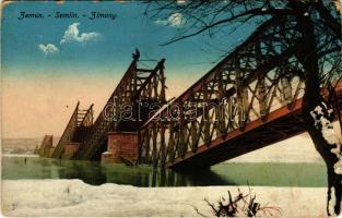 Zimony, Semlin, Zemun; felrobbantott vasúti híd télen / WWI blown up railway bridge in winter (EB)