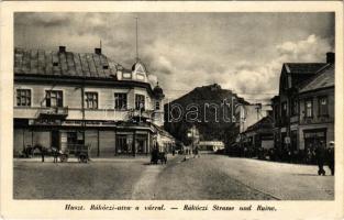 1941 Huszt, Chust, Khust; Rákóczi utca a várral, Berkovits és Rosenfeld üzlete / street view, shops, castle (EK)