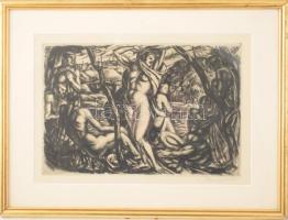 Uitz Béla (1887-1972): Fürdőzők, 1917. Hidegtű, papír, jelzett, üvegezett fakeretben, 24×35 cm / Bél...