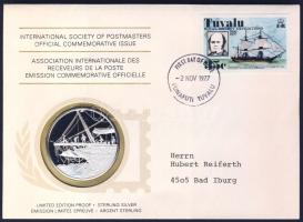 Tuvalu 1977. A londoni Királyi Társaság expedíciója Tuvaluba a Postamesterek gondozásában kiadott Ag emlékérem 20g érmés, bélyeges borítékon, tuvalui bélyeggel, elsőnapi bélyegzővel, német nyelvű ismertetővel T:PP