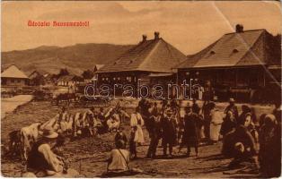 1910 Ruszpolyána, Ruspolyana, Havasmező, Havaskő, Poienile de sub Munte, Ruspoiana (Máramaros); Piac, üzletek. Kabát Emil kiadása 332. / market square, shops (EB)