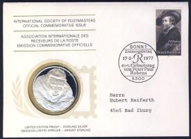 NSZK 1977. Peter Paul Rubens a Postamesterek gondozásában kiadott Ag emlékérem 20g érmés, bélyeges borítékon, NSZK bélyeggel, elsőnapi bélyegzővel, német nyelvű ismertetővel T:PP