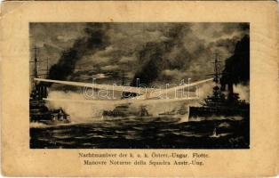 1911 Nachtmanöver der K.u.K. Österr.-Ungar. Flotte. K.u.K. Kriegsmarine / Manovre Notturne della Squadra Austr.-Ung. / Austro-Hungarian Navy, night maneuver with pre-dreadnought battleship and torpedo boat. G. Fano, Pola 1910-11. 196. 5992. s: Kappler (Rb)