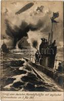 1915 Kampf eines deutschen Marineluftschiffes mit englischen Unterseebooten am 3. Mai 1915. / WWI German Navy (Kaiserliche Marine) art postcard, airship in battle with British submarines + &quot;SM SCHIFF BELLONA&quot; &quot;K.U.K. MARINEFELDPOSTAMT POLA&quot; (fa)