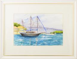 Ambrus Lajos (1958-): Vitorlás Hvar szigeténél, 2009. Akvarell, papír, jelezve jobbra lent. Üvegezet...