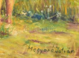 Mogyoró István (1941-): Fürdőző női akt. Olaj, farost, jelezve jobbra lent. Dekoratív fakeretben. 65...